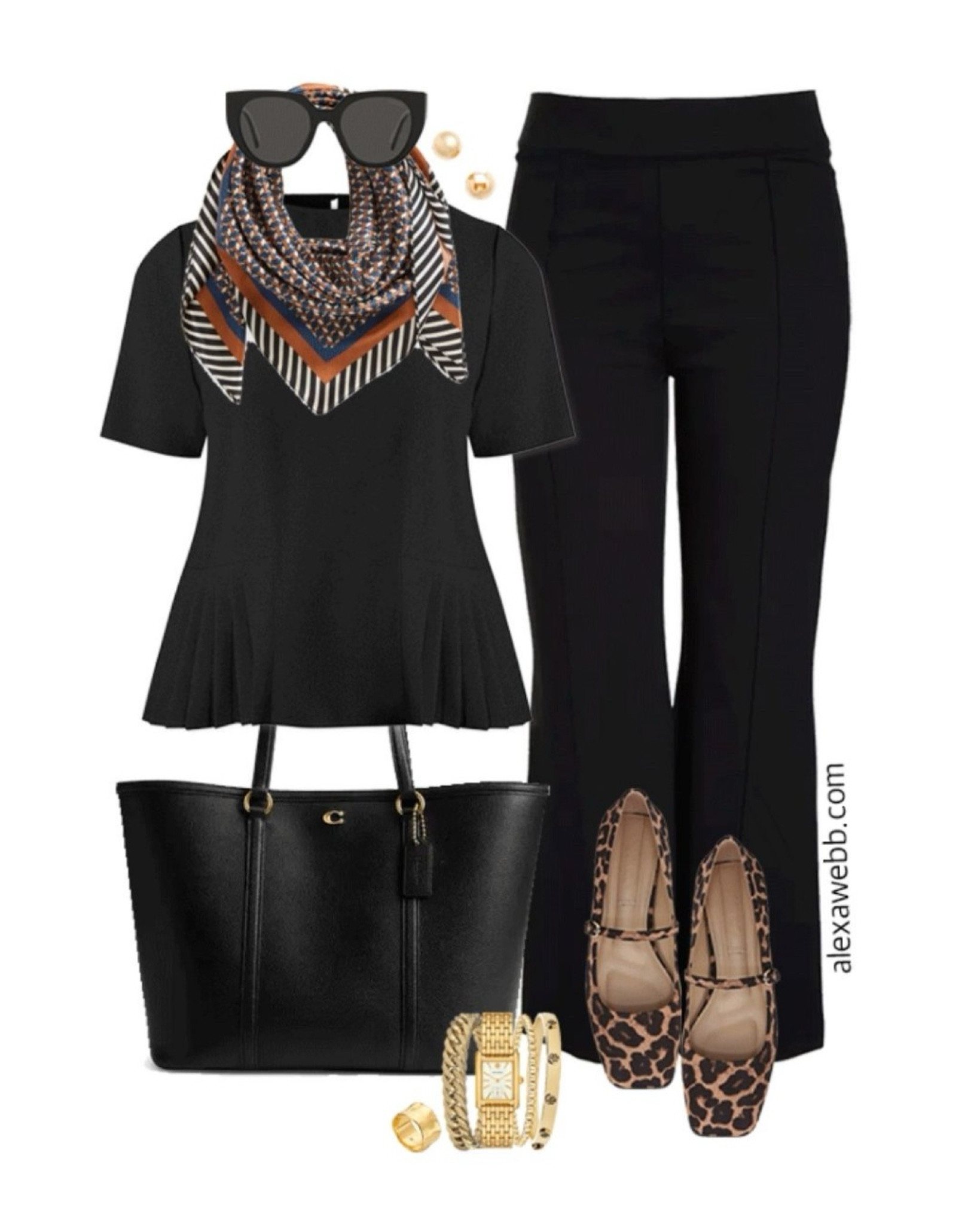 Plus size fall business casual work capsule wardrobe with a scarf, black blouse, flared pants and leopard Mary Jane flats. Alexa Webb 

#LTKStyleTip #LTKPlusSize #LTKWorkwear