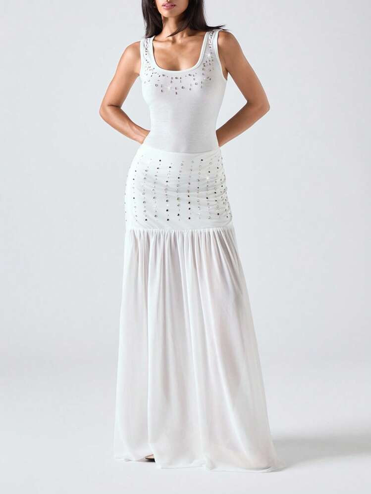 LYSMO 2025 New Arrival Spring-Summer Women's High-End Fashion Solid-Color Versatile Slim-Fit Tank Top With Mirror Metallic Embellishments And Beading, Paired With A Double-Layered Draped Maxi Skirt Featuring Mirror Metallic Beading Details, A Stylish And Elegant Co-Ord Set, Luxe Style, Perfect For Graduation Prom | SHEIN