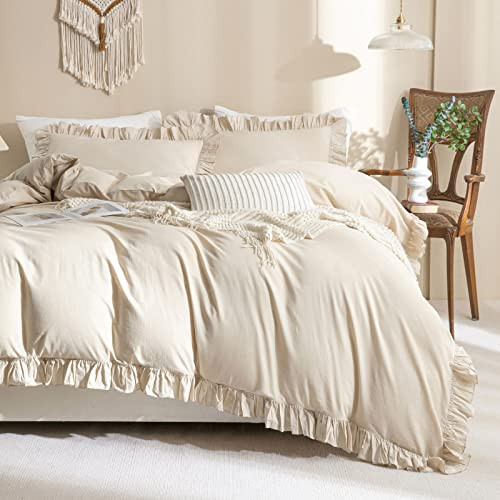 QSH 100% Cotton Queen Duvet Cover Set, Ruffle Duvet Cover Wheat Textured Farmhouse Shabby Vintage Chic Bedding Comforter Cover 3 Pieces Aesthetic French Country Queen Bed Set Soft Breathable | Amazon (CA)