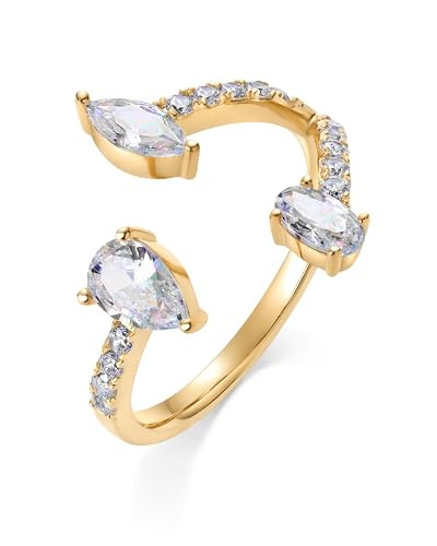 PAVOI 14K Yellow Gold Plated Cubic Zirconia Triple Bypass Statement Ring for Women | Open Eternity Bands | Marquise Oval Pear CZ Engagement Stackable Rings | Size 9 | Amazon (US)