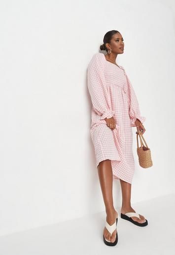 Pink Gingham Print Shirred Bust Midi Smock Dress | Missguided (US & CA)