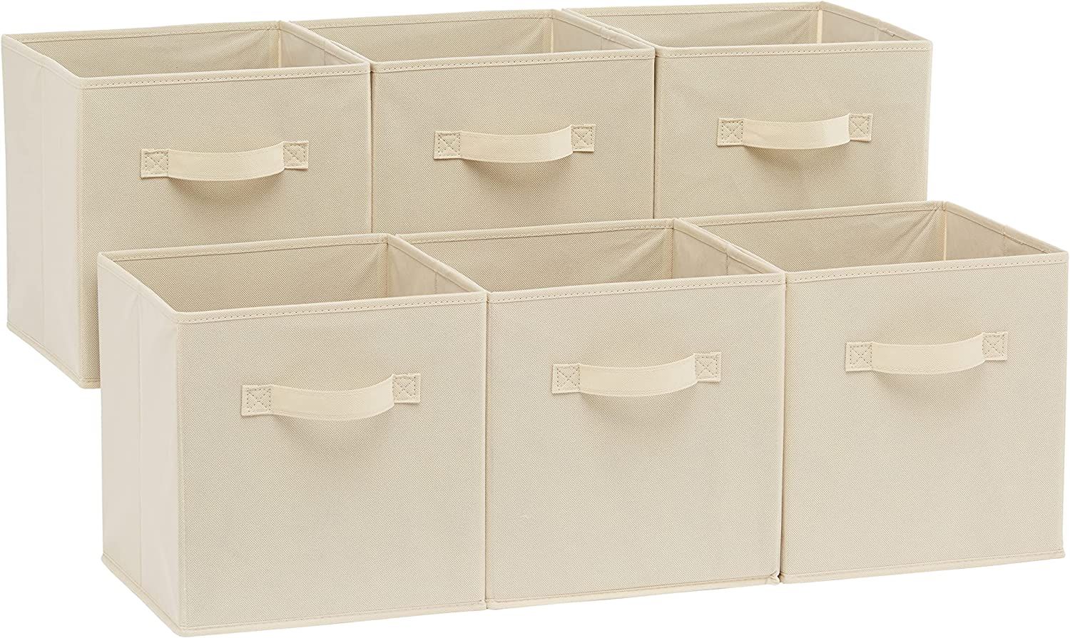 Amazon Basics Collapsible Fabric Storage Cubes Organizer with Handles, 10.5"x10.5"x11", Beige - P... | Amazon (US)