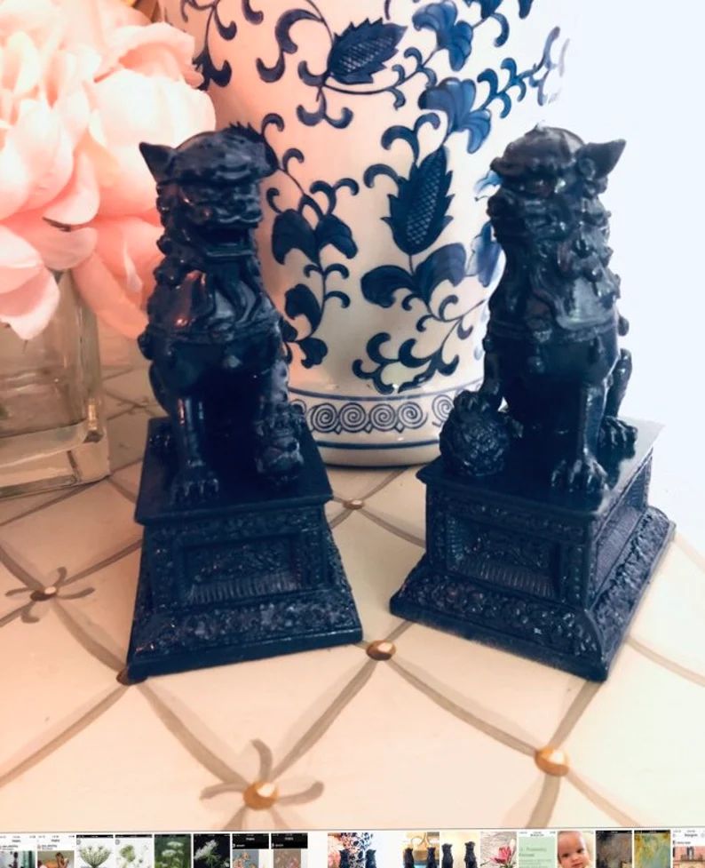 Pair Of Navy Blue Foo Dog Fu Guardian Chinoiserie Statues 5 3/4" TALL | Etsy (US)