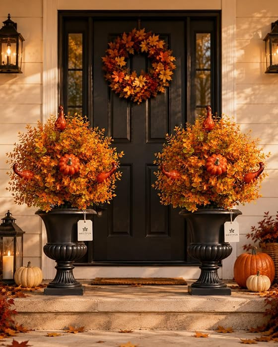 Artificial Fall Pumpkin Tree Stakes 22 Inch Orange Topiary with Eucalyptus | Amazon (US)