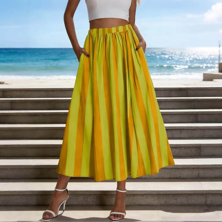 YTCAMLO Summer Women's Striped Long Skirt Casual Elastic Waisted Maxi Skirts Flowy A Line Skirts ... | Walmart (US)