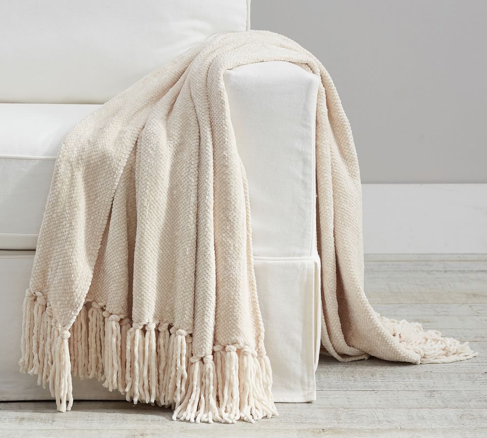 Chenille Hand-Knotted Fringe Throw, 50 x 60&amp;quot;, Ivory | Pottery Barn (US)