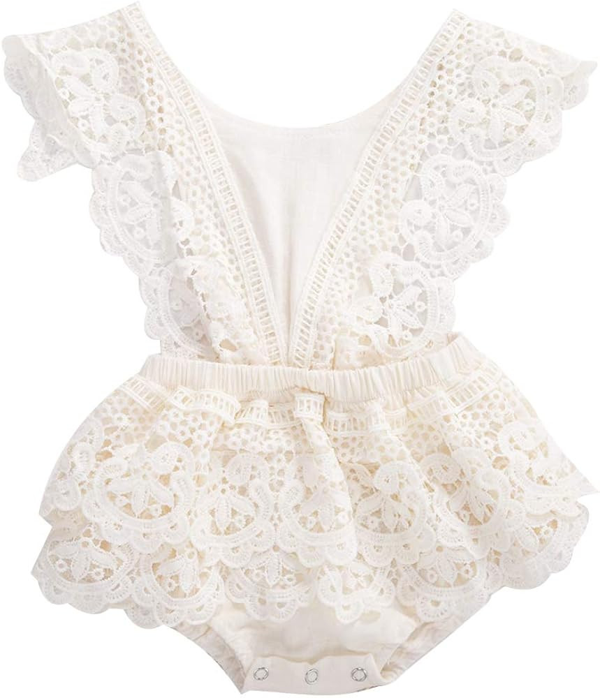 Newborn Baby Girls Lace Ruffle Sleeve Lace Romper Clothes Lace Short Sleeve Bodysuit Tutu Dress Jump | Amazon (US)