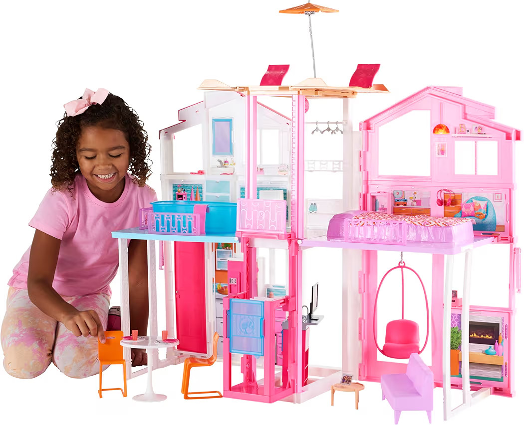 Barbie 3-Story Townhouse Dollhouse with Elevator, Swing Chair, Furniture and Accessories, Fold fo... | Amazon (US)