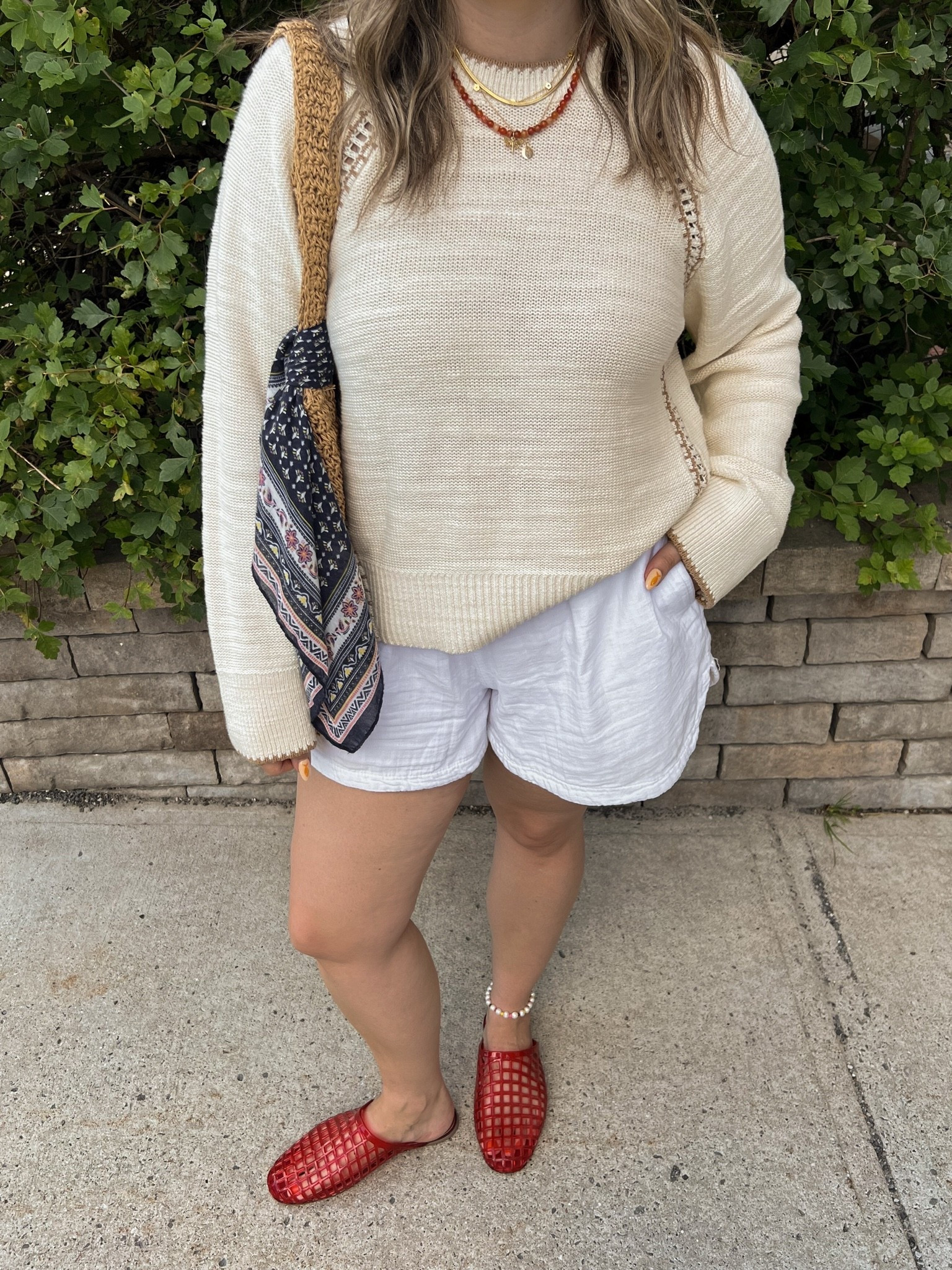 Comfy ootd! Wearing my usual size L in the sweater. White shorts are old, linked similar! Jelly shoes are quite comfy, I’m usually a 9.5-10 shoe and wear a 10. Canadian shoes link under “similar products”

#LTKsummer #LTKmidsize #LTKstyletip