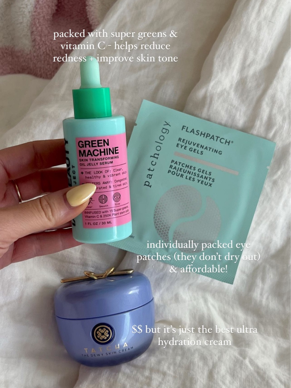 AM skincare today! Green machine by inn beauty is packed with super greens & vitamin C - helps reduce redness and improve skin tone. I love these eye patches because they come individually packed so they don’t dry out. Tatcha cream is the MOST hydrating and luxurious cream it’s amazing!! Smell is subtle I feel like it’s slight lavender maybe? It’s amazing and $$ but worth it in my opinion for super hydration! 



#LTKbeauty