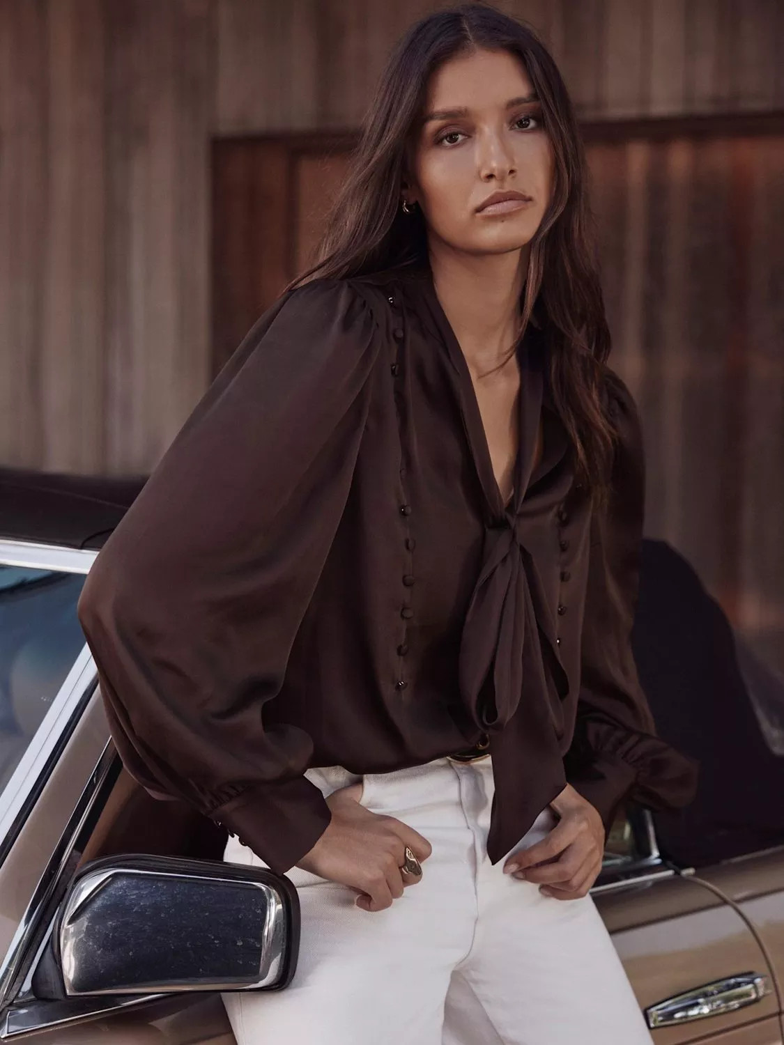 Mint Velvet Satin Pussy Bow Blouse, Brown | John Lewis (UK)