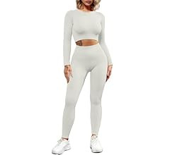 QINSEN Seamless Workout Outfits for Women 2 Piece Ribbed Long Sleeve Crop Top Tummy Control Leggi... | Amazon (US)