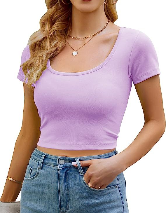 Artfish Women's Casual Short Sleeve Scoop Neck Fitted Workout Basic Crop Top Teen T-Shirts | Amazon (US)