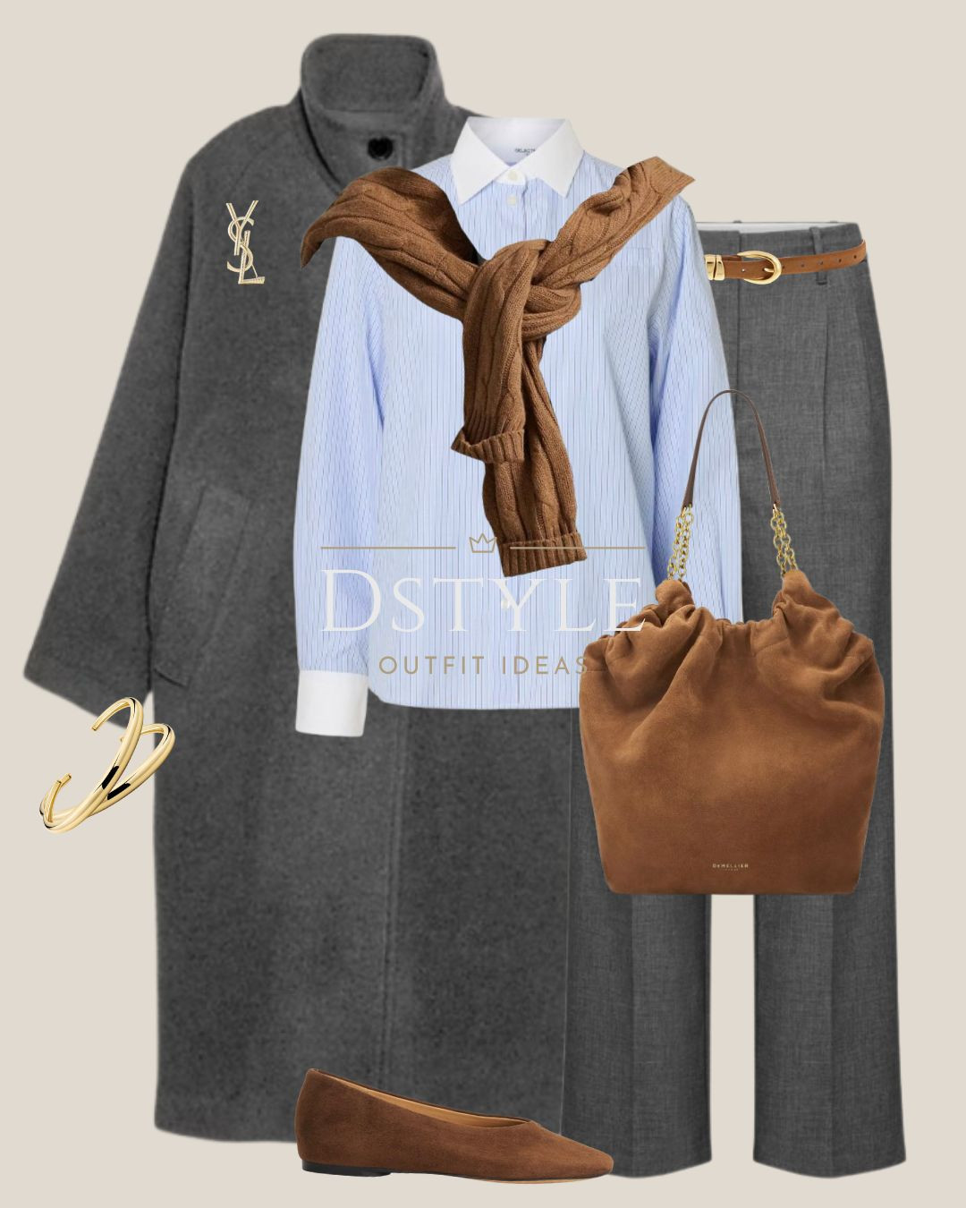 Effortlessly Chic Winter Workwear ❄️  That oversized grey coat and classic blue striped shirt combo is a timeless winner! Layering with a camel knit cardigan casually draped for extra warmth and texture. Shop the suede flats and chain detail bag for the perfect finishing touches. 

 #workwear #chicstyle #winterfashion #greycoat #stripedshirt #camelsweater #suedebag #capsulewardrobe #LTKootd #LTKFindsUnder100 #LTKWorkwear