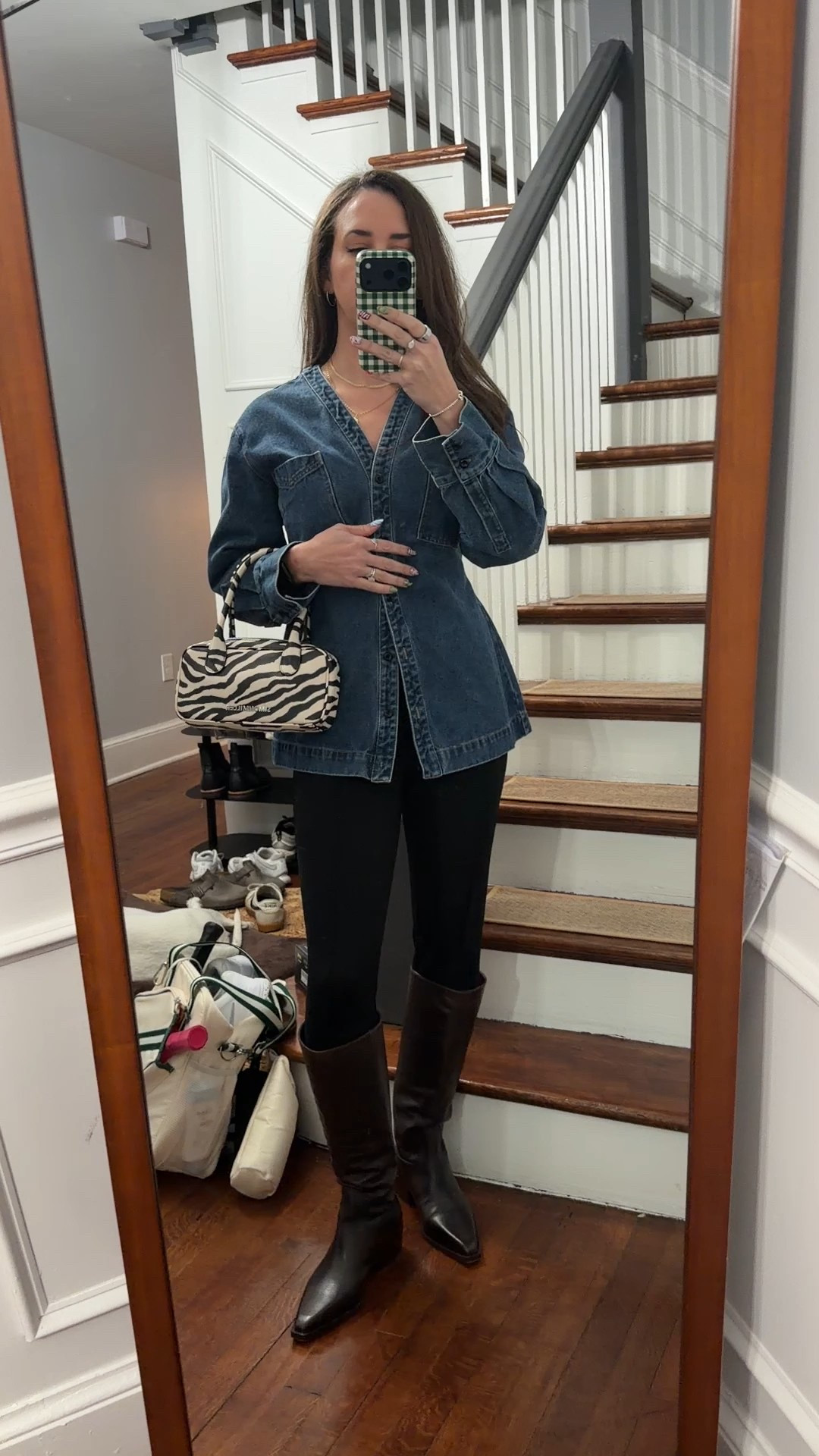 A @Modern Citizen denim top paired with @bananarepublic pointe stirrup leggings and @larroude boots.

Leather boots. Knee high boots. Brown leather boots. Denim top. Denim jacket. Leggings outfit. Denim and leather. Zebra print bag. Animal print. 

#LTKSaleAlert #LTKootd #LTKSeasonal
