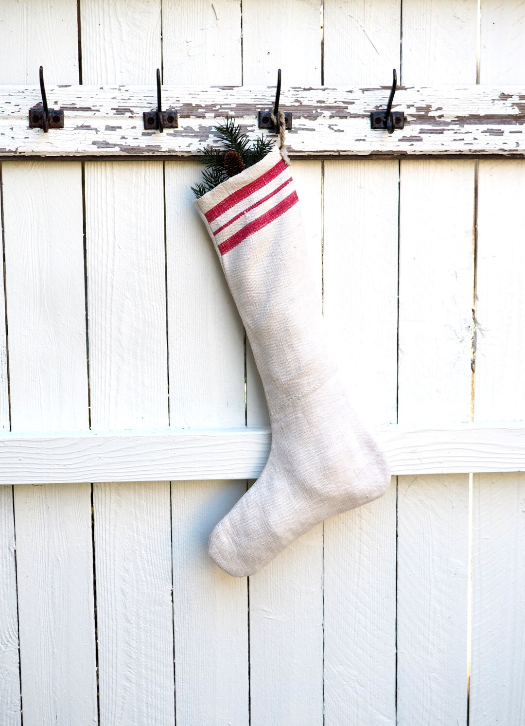 Red Striped European Grain Sack Christmas Stocking, French Farmhouse Holiday Decor | Etsy (US)