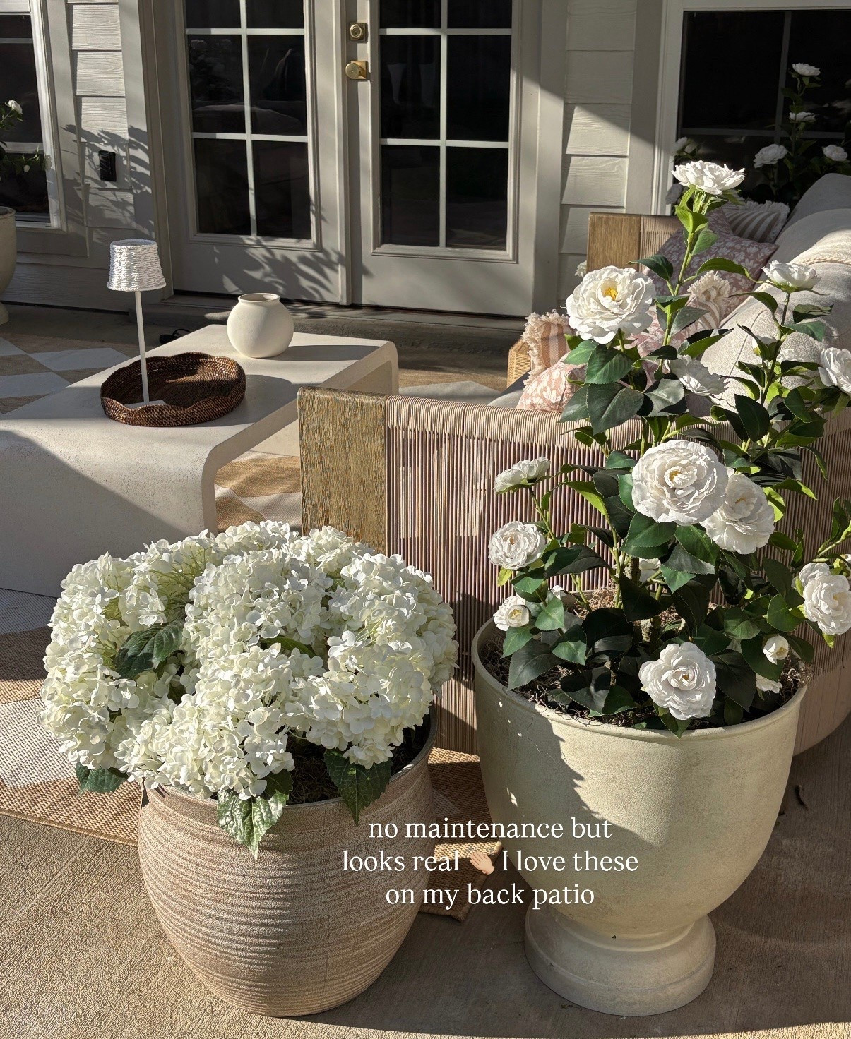 no maintenance but still looks this good… say less 🤍
these faux hydrangeas + camellias are my favorite way to make the patio feel styled without the upkeep!






outdoor decor, patio decor, back patio styling, outdoor living space, patio inspo, outdoor home aesthetic, cozy patio ideas, neutral outdoor decor, outdoor styling ideas, patio refresh, spring patio decor, summer patio setup, outdoor entertaining space, patio furniture styling, outdoor coffee table decor, neutral patio furniture, woven outdoor furniture, striped outdoor rug, patio rug neutral, faux plants outdoor, faux hydrangeas, artificial hydrangeas, faux flowers outdoor, artificial flowers decor, low maintenance