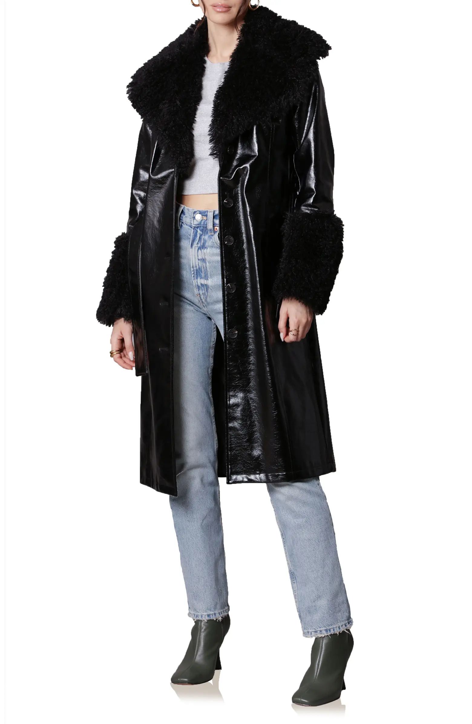 Belted Faux Fur Trim Faux-Ever Leather™ Trench Coat | Nordstrom