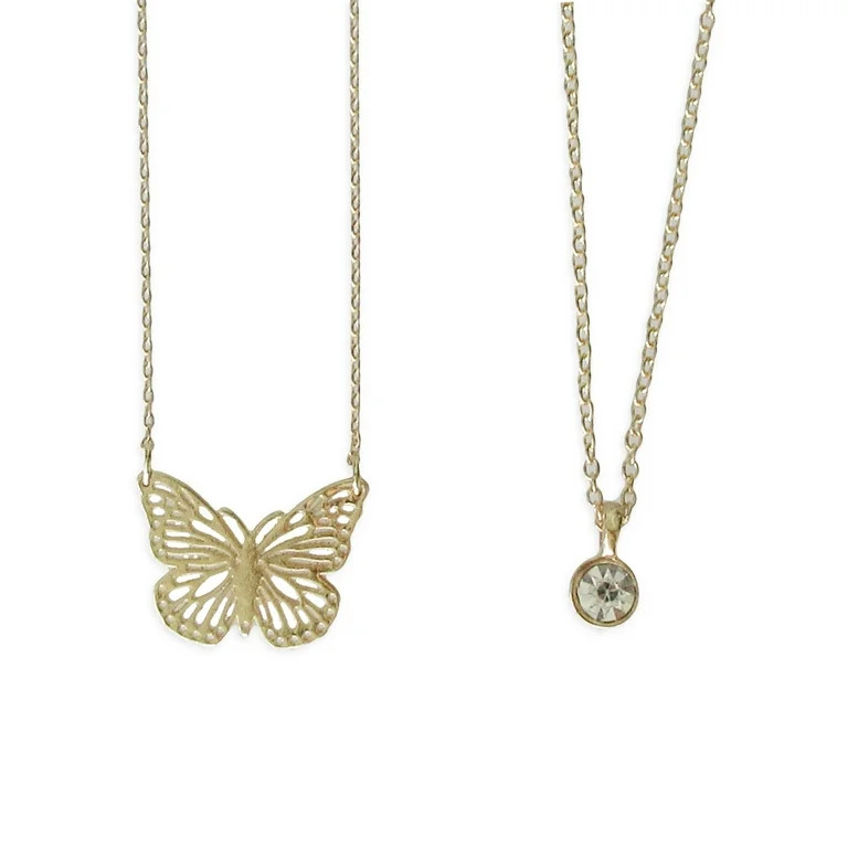 Time and Tru Women's Gold Tone Butterfly and Pendant Necklace Set, 2 Pieces | Walmart (US)