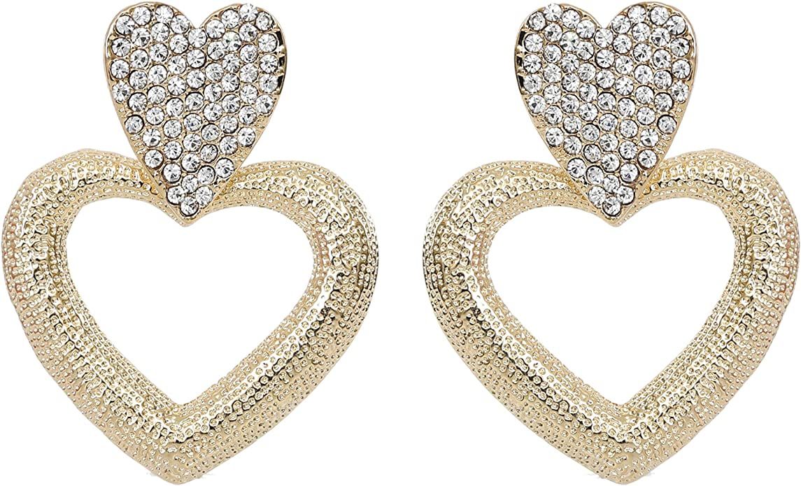 Heart Earrings for Women Trendy - Silver Heart Dangle Earrings with Diamond Like Look - Fashionab... | Amazon (US)