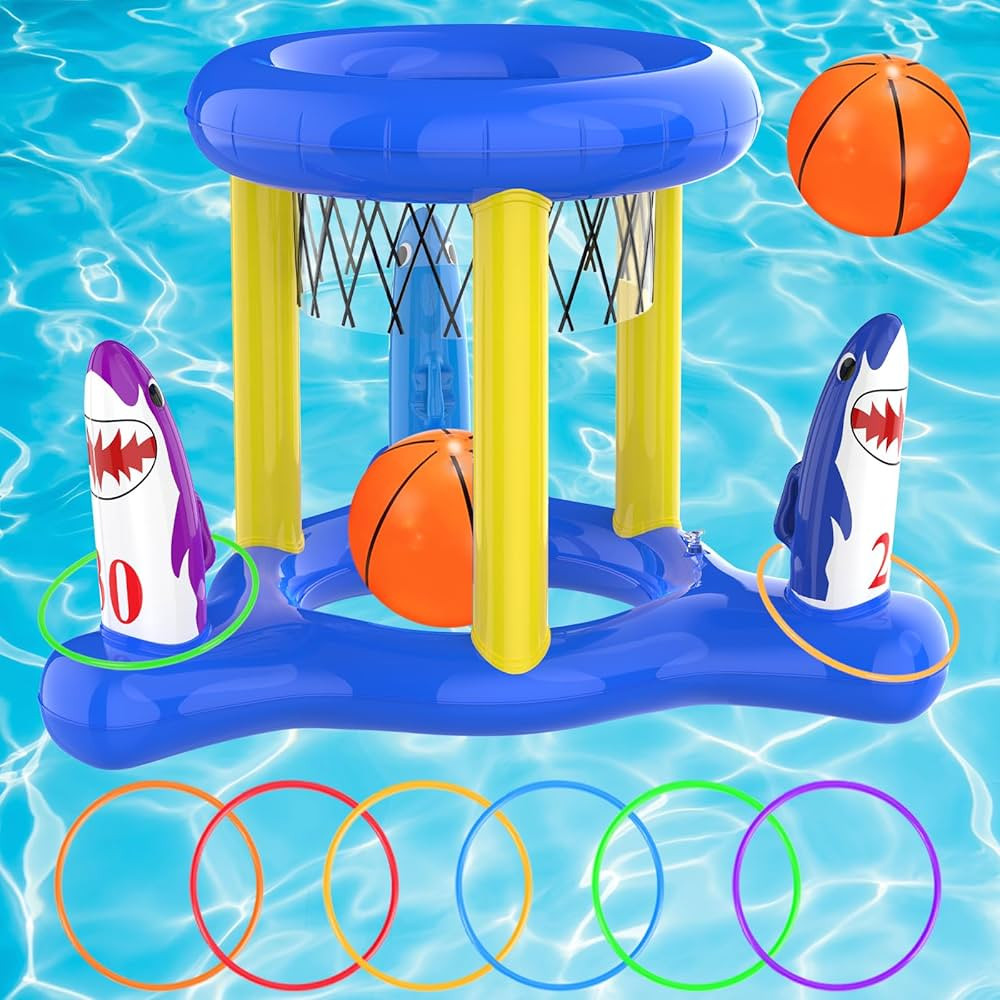 Dokeawo 2-in-1 Pool Toys Games Set, Inflatable Floating Shark Pool Basketball Hoop & Ring Toss Po... | Amazon (US)