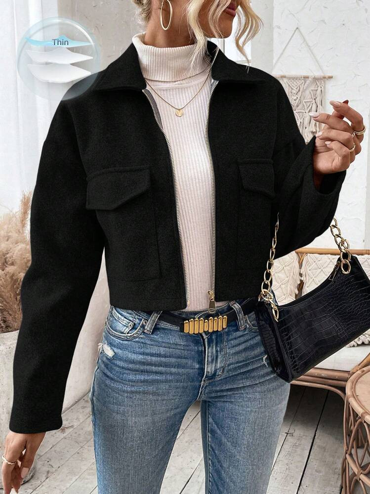 SHEIN LUNE Women's Black Drop Shoulder Long Sleeve Short Woolen Jacket For Autumn/Winter | SHEIN