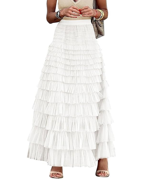 Flygo Women's Long Maxi Tulle Skirts A Line Ruffle High Waisted Tiered Layered Mesh Tutu Skirt Pe... | Amazon (US)