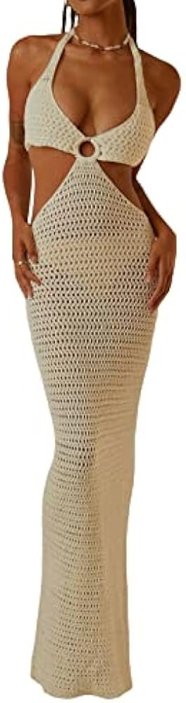 Women Sexy Halter Crochet Long Dress White Crochet Dress White Beach Dress White Vacation Dress | Amazon (US)