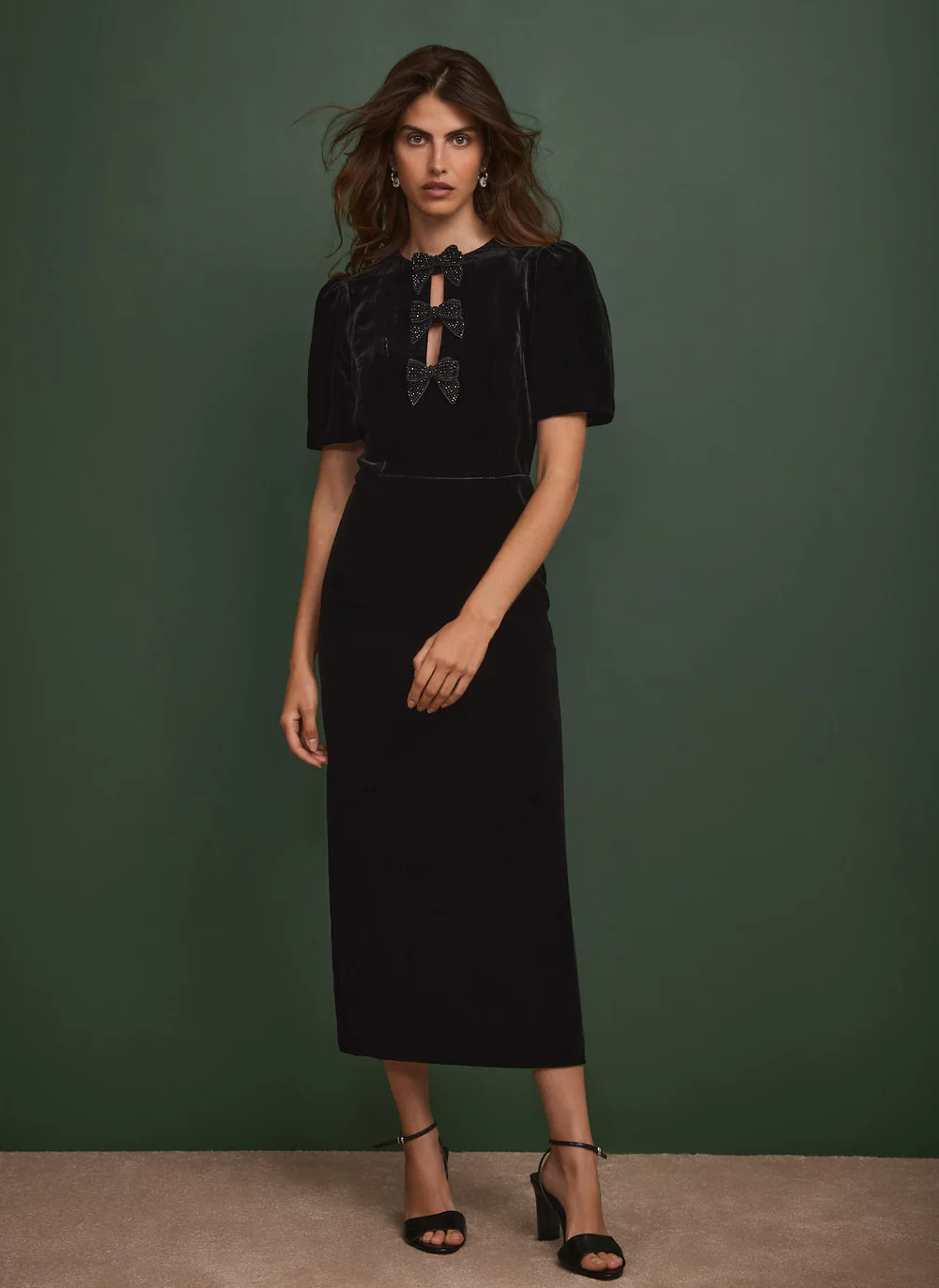 Black Velvet Bow Midi Dress | Mint Velvet
