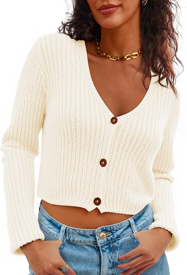 Saodimallsu Womens Cropped V Neck Cardigan Sweaters Long Sleeve Button Down Chunky Ribbed Knit Lo... | Amazon (US)