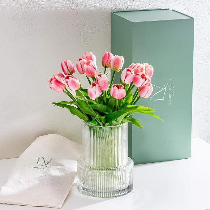 Pink Tulips with Vase Ribbed Glass Vase with 20 Realistic Artificial Flowers Gift Set. Fluted Cle... | Amazon (US)