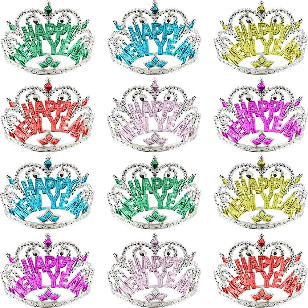 12 Pieces Happy New Year Headband Crown New Years Eve Hats Tiara for Girls Princess New Year Part... | Amazon (US)