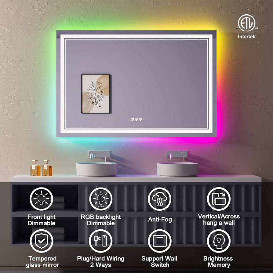 60x40 Inch RGB LED Bathroom Mirror with Lights, Color Changing RGB Backlit LED Mirror for Bathroo... | Amazon (US)