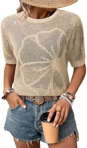 Dokotoo Womens Summer Short Sleeve Crochet Tops Hollow Out Floral Beach Vacation Clothes Cruise O... | Amazon (US)