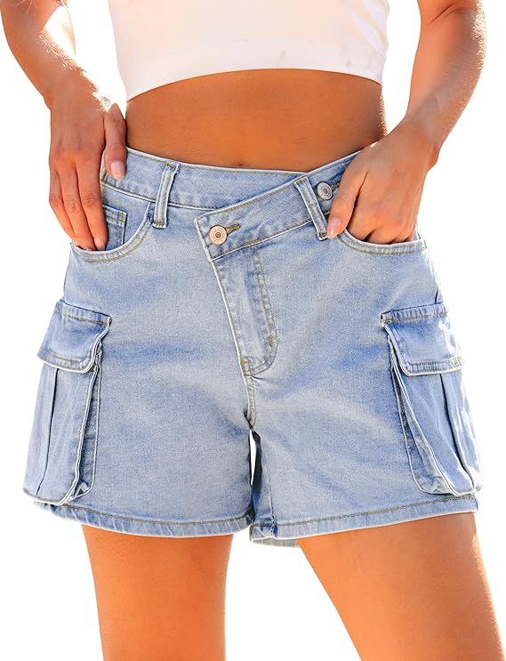luvamia Jean Shorts for Women Trendy High Waisted Stretchy Denim Cargo Shorts Cross Over Waist Su... | Amazon (US)