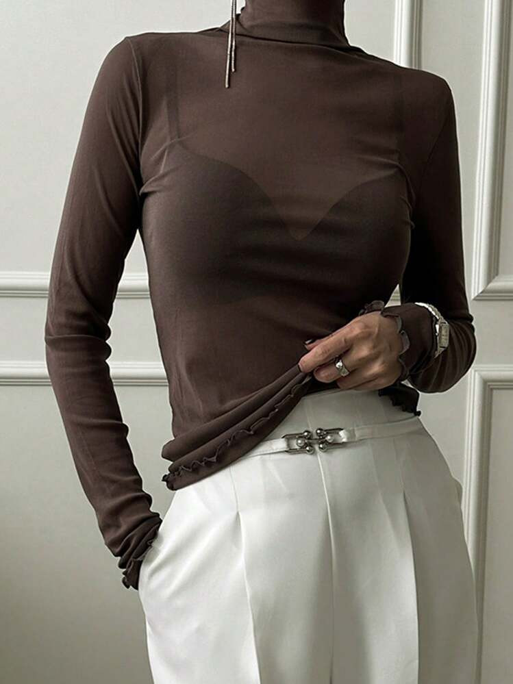 Sheer brown high neck long sleeve | SHEIN