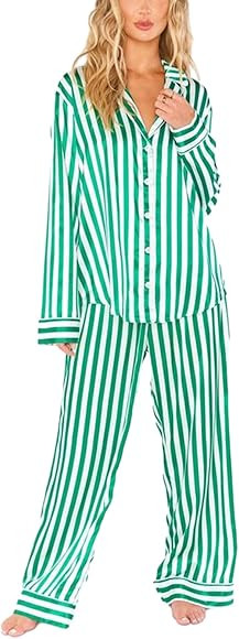 NUFIWI Women Christmas 2 Piece Pajamas Set Striped Printed Long Sleeve Button Down Shirt and Pant... | Amazon (US)