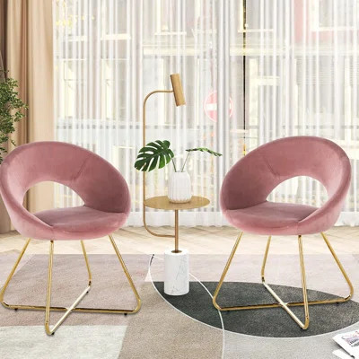 2Pcs Pink Upholstered Arm Chair - Modern Accent With Velvet And Golden Metal Frame Legs Comfy Mid-Century Leisure Fabric | Wayfair North America