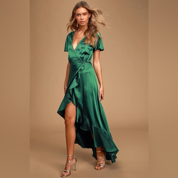 Lulu’s - Love of Your Life Dark Green Satin Ruffled Wrap Maxi Dress | Poshmark
