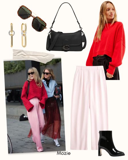 An Outfit For The Color Pop Girly. A cozy red sweater, pink tailored Abercrombie pants, patent leather black boots, a coach shoulder bag and more!

#LTKworkwear #LTKstyletip #LTKSeasonal