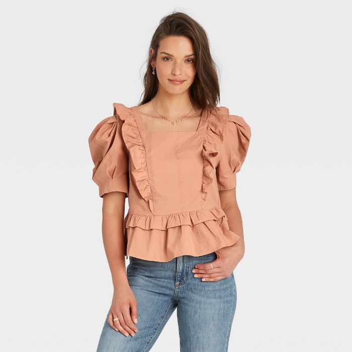 Women's Puff Short Sleeve Ruffle Peplum Blouse - Universal Thread™ | Target