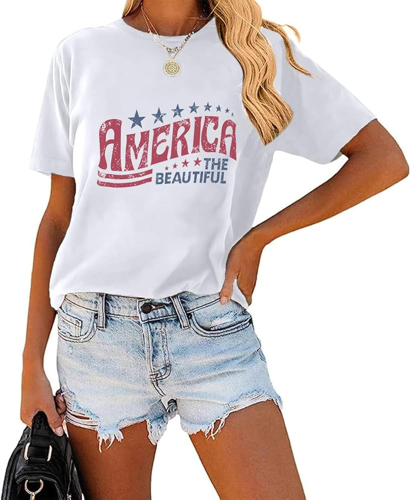 Womens Fourth of July Shirts Vintage Flag America The Beautiful Graphic Tshirt Stars and Stripes ... | Amazon (US)