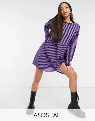 ASOS DESIGN Tall super oversized long sleeve smock dress in purple and black stripe | ASOS | ASOS (Global)