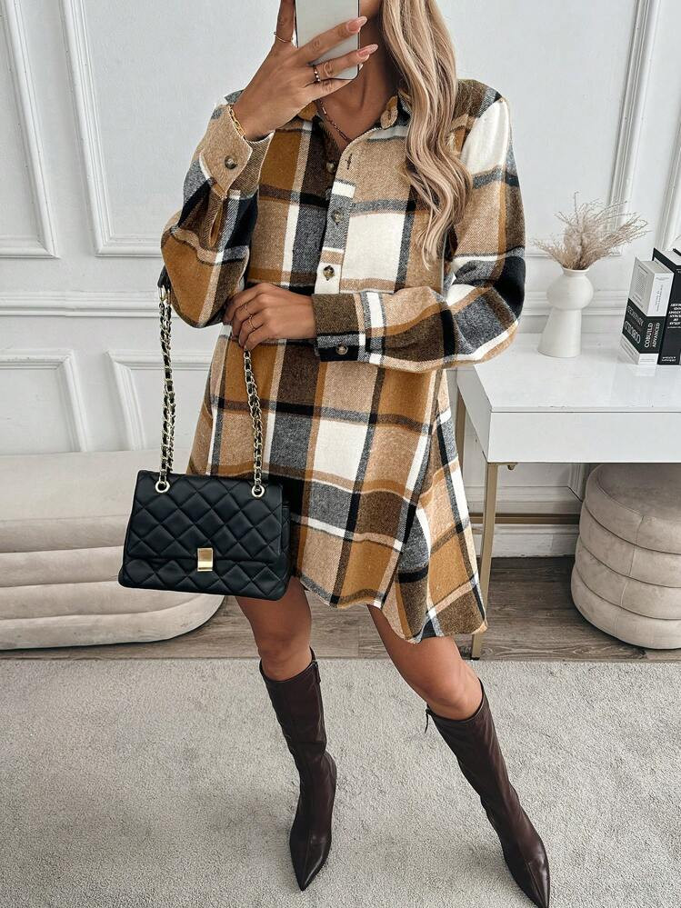 SHEIN ChicEase Plaid Pattern Mandarin Collar Partial Button Down Mid-Calf Length Khaki Flannel Dr... | SHEIN