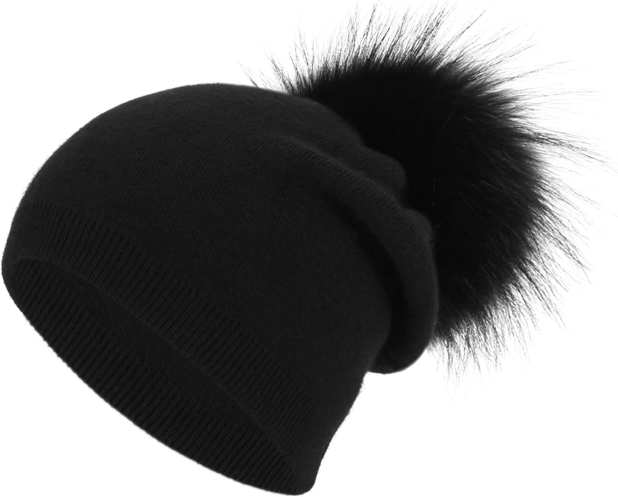 Women Cashmere Winter Slouchy Knit Beanie Hat with Real Fur Pom Pom Winter Beanie Knit Stocking C... | Amazon (US)