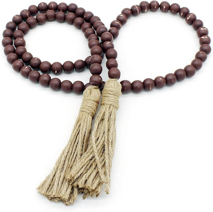 CVHOMEDECO. Wood Beads Garland with Tassels Farmhouse Rustic Wooden Prayer Bead String Wall Hangi... | Amazon (US)