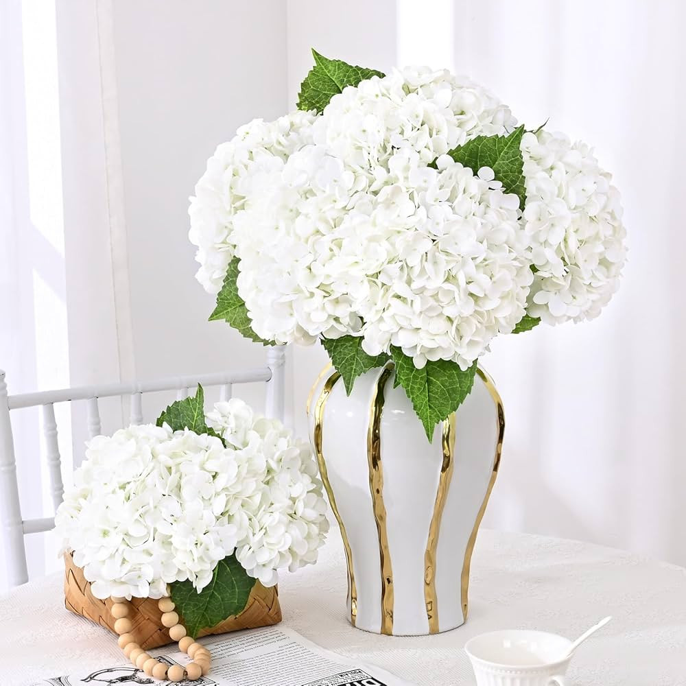 3 Pcs Real Touch Hydrangea Artificial Flowers, 21" White Full Faux Hydrangea Flowers Latex Fake F... | Amazon (US)