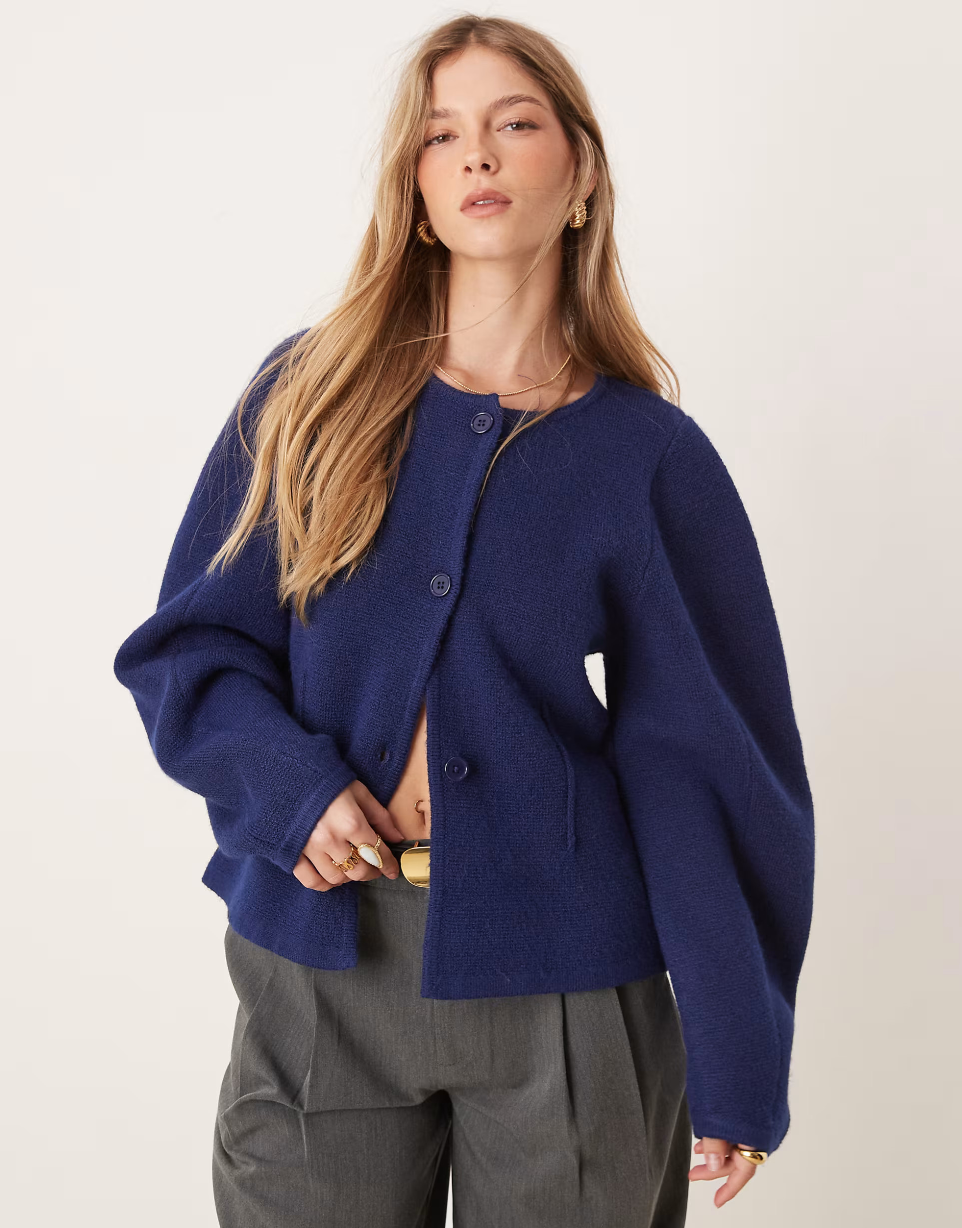 ASOS DESIGN knitted structured crew neck cardigan in navy | ASOS (Global)