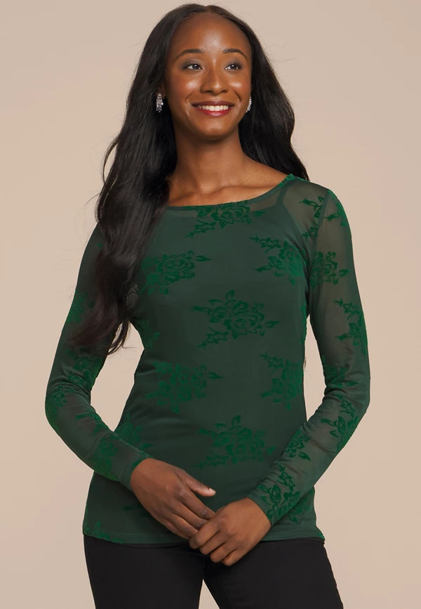 Studio Y Flocked Floral Mesh Top | Maurices