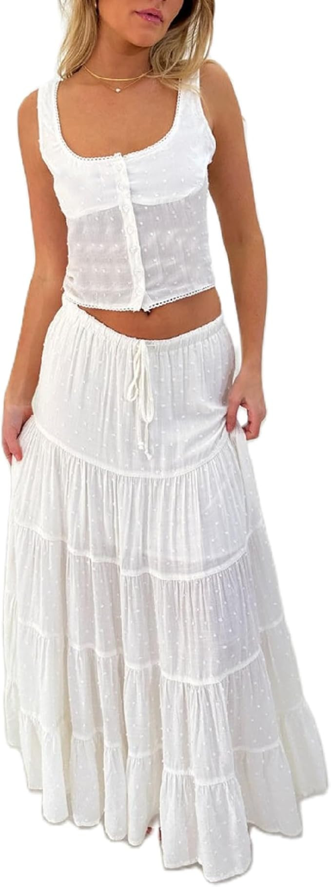 Women Y2K 2 Piece Skirt Set Spaghetti Strap Cropped Cami Ruffle Tiered Flowy Maxi Skirt Vacation ... | Amazon (US)